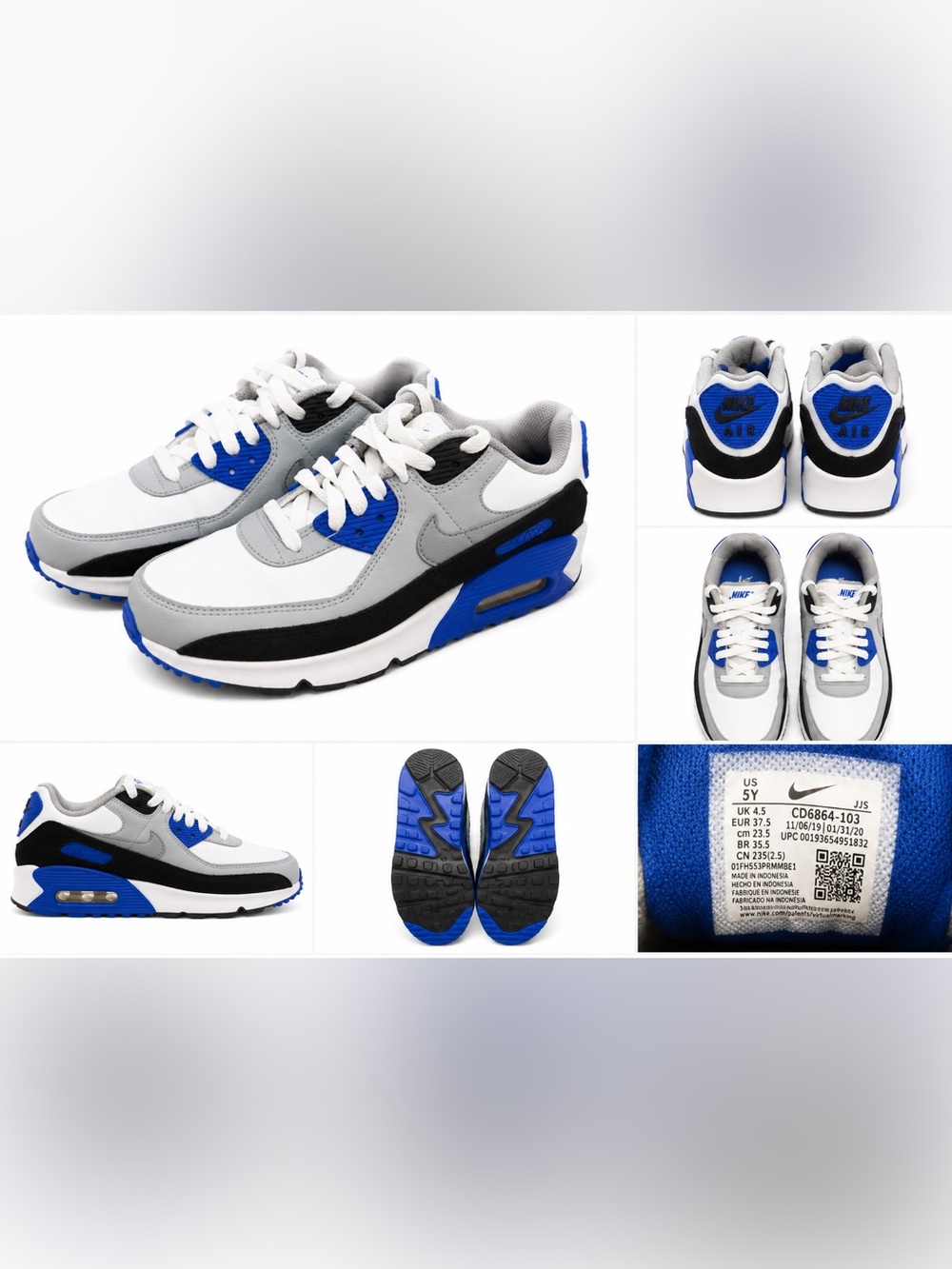 Nike Air Max 90 White Grey Black Royal Blue Sneakers Youth Size 5Y - Picture 2 of 5